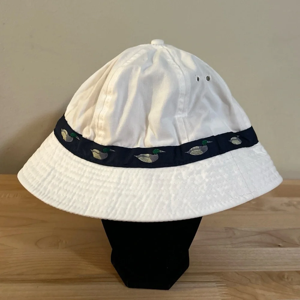 Vtg “We Cover The World” Kids Large White Sun Hat Bucket Hat Mallard Duck Print